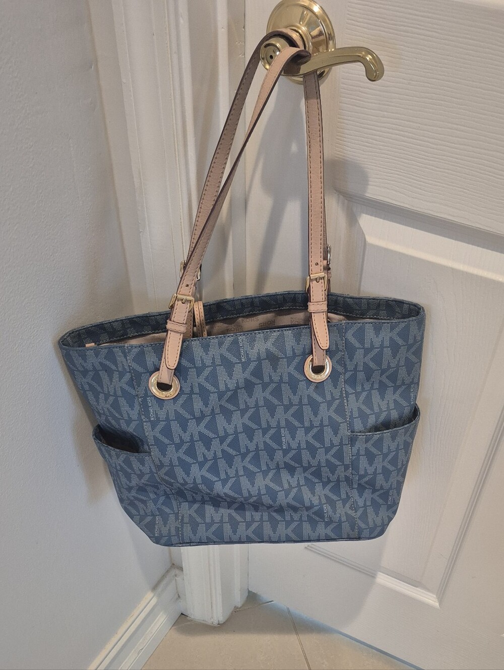 Michael Kors Blue Signature MK Logo Tote with  Leather Straps